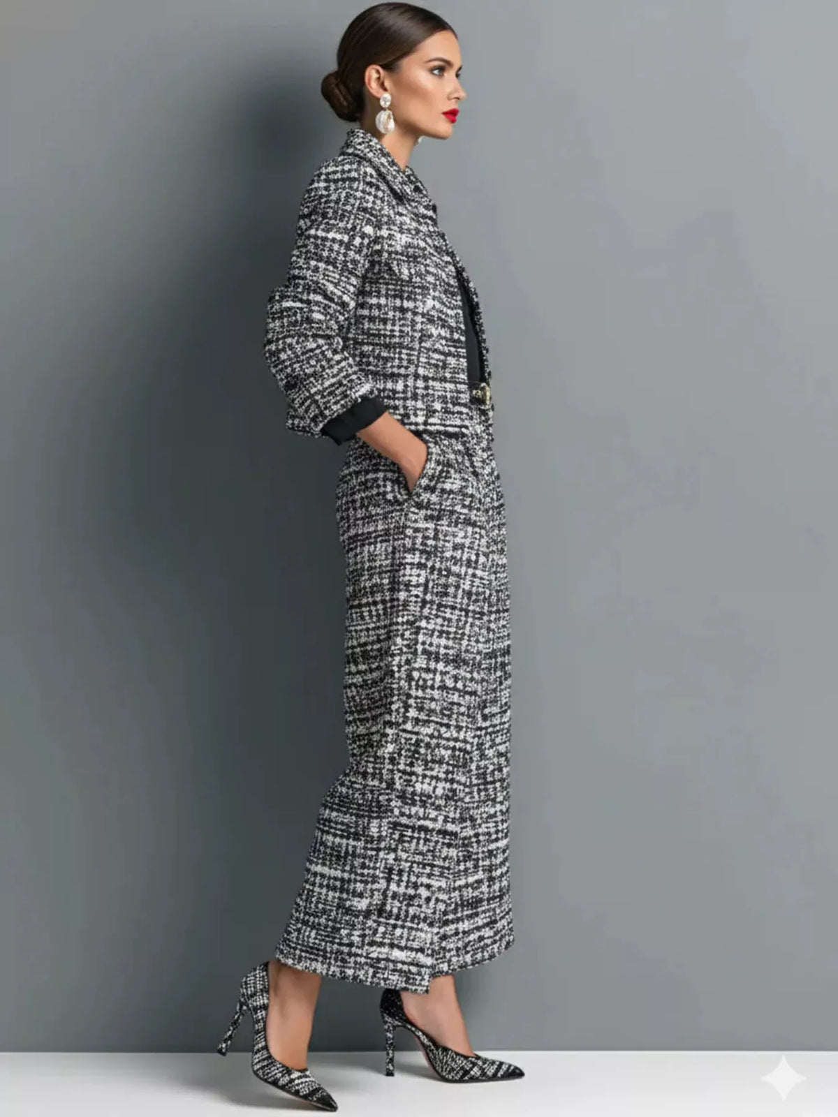 Tweed Cropped Jacket and Wide-Leg Pants Set, view 2