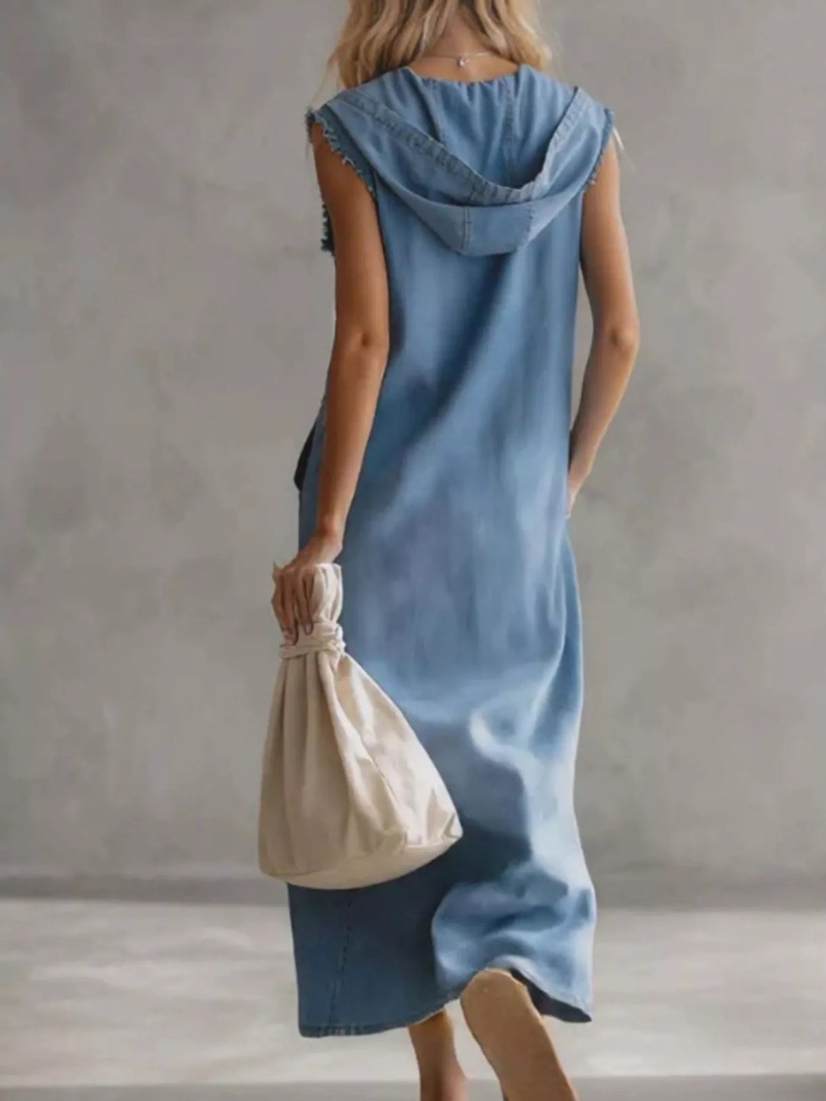 Slit Sleeveless Hooded Denim Maxi Dress in Blue, view 2