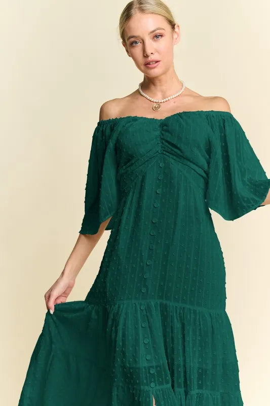 Davi & Dani Swiss Dotted Ruched Ruffle Open Back Midi Dress - Lilixa.store
