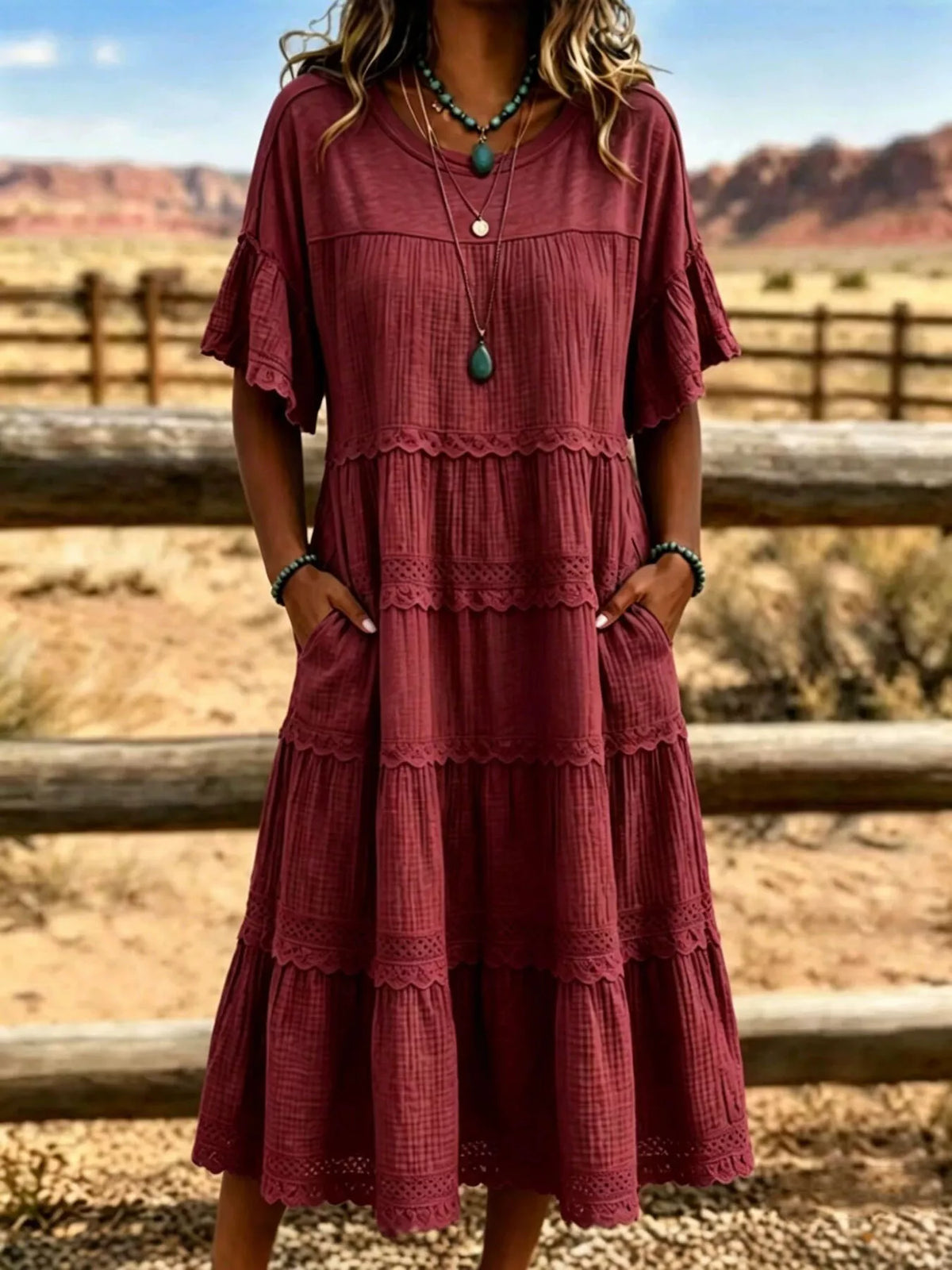 Full Size Tiered Ruffle Sleeve Midi Dress with Pockets Plus Size - Lilixa.store