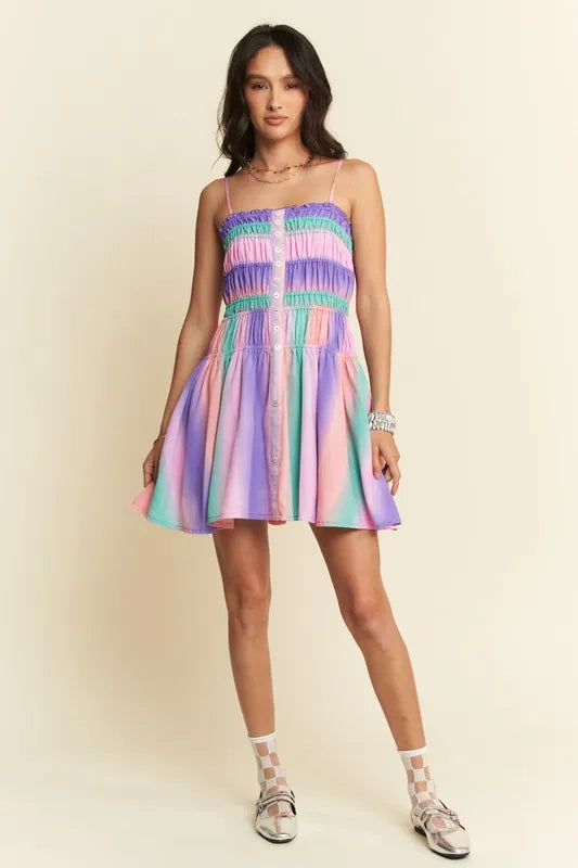 Davi & Dani Multi Color Ombre Printed Bodice Button Up Dress - Lilixa.store