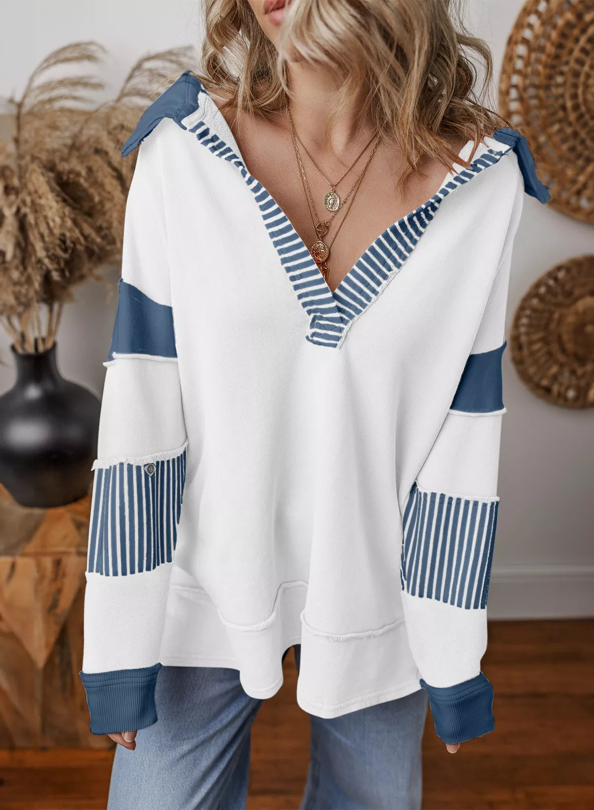 Color Block Striped Johnny Collar Sweatshirt - Lilixa.store