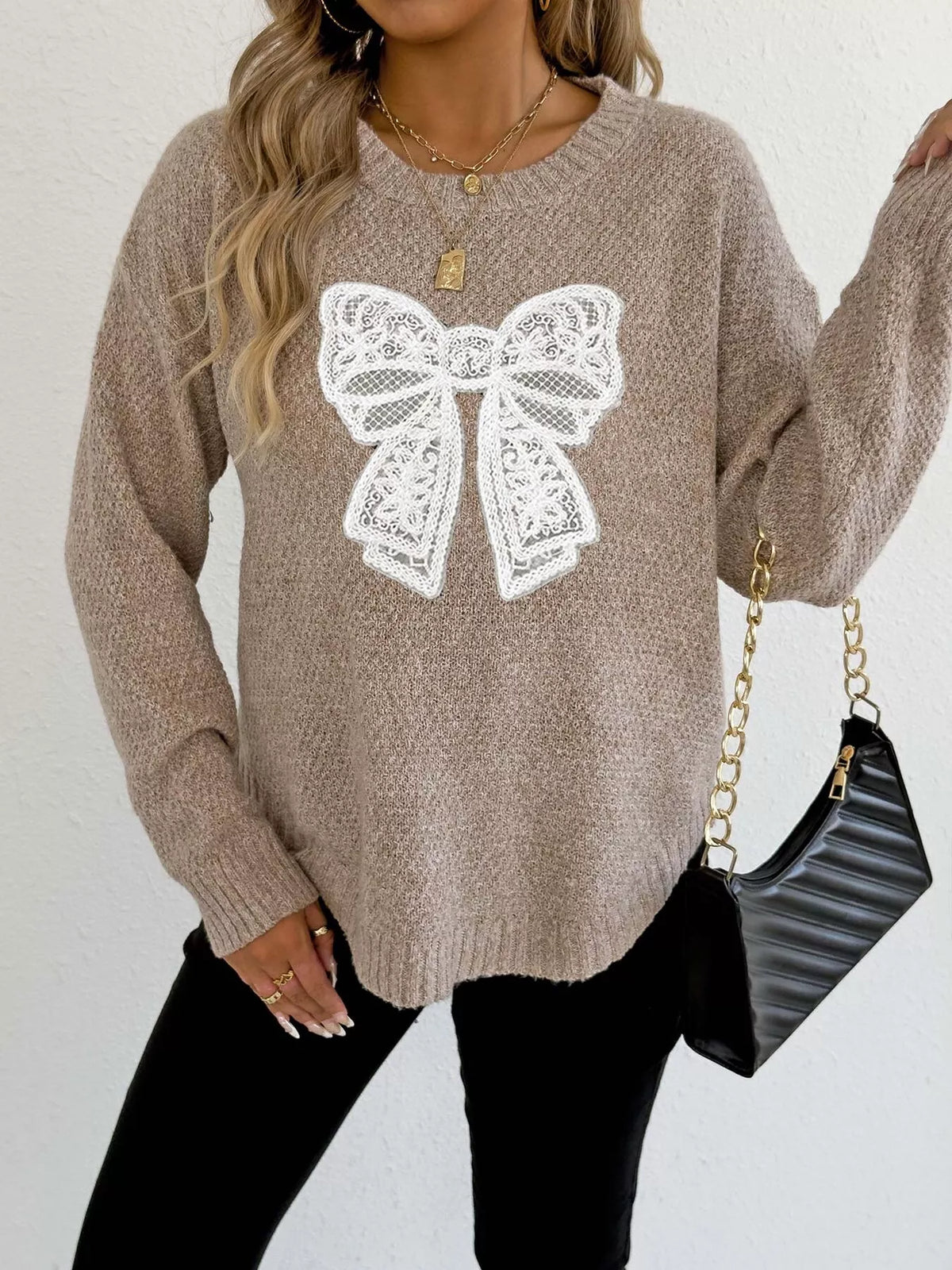 Lace Bow Embroidered Round Neck Sweater - Lilixa.store