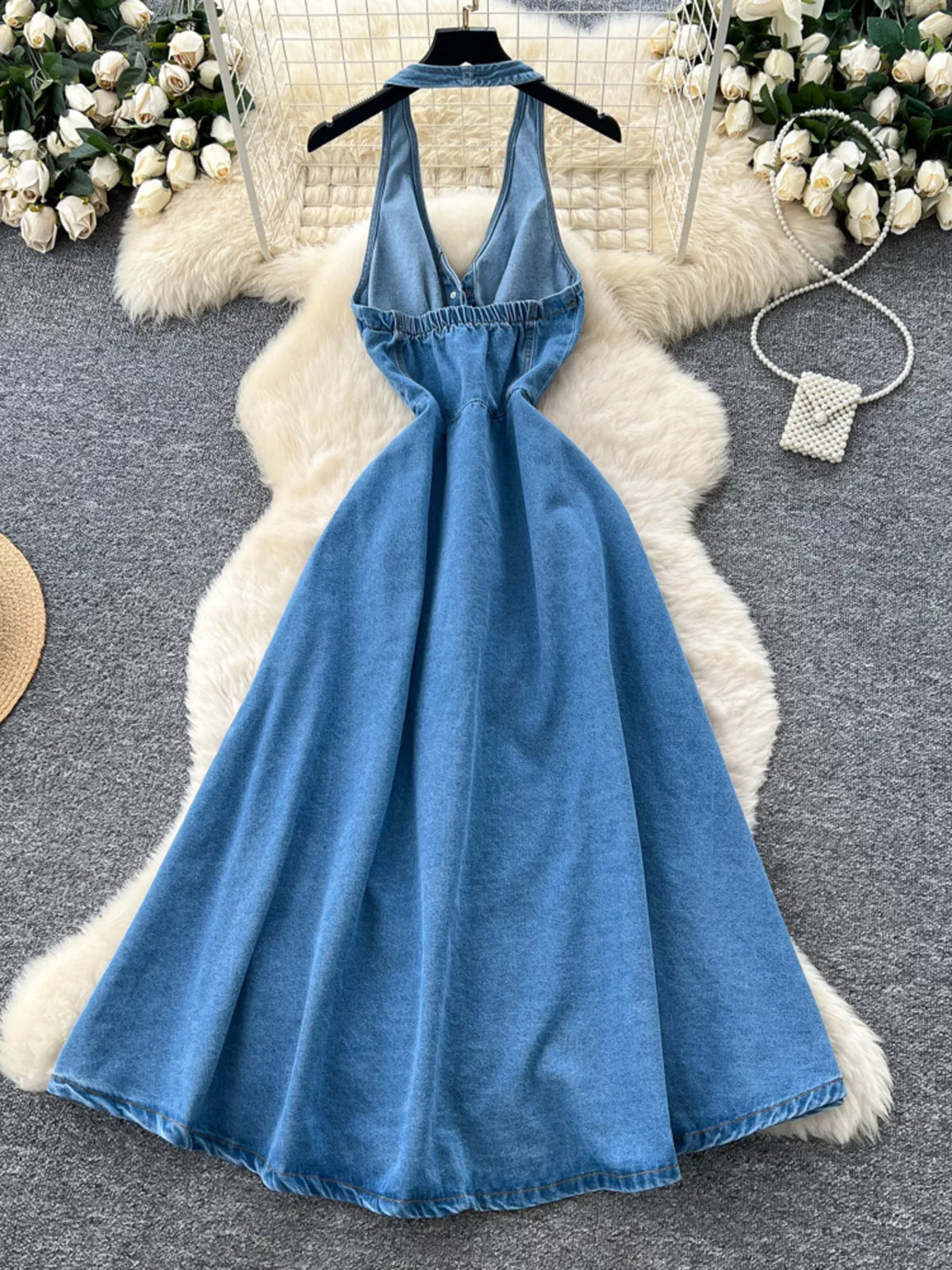 Halter Neck Button-Down Denim Dress - Lilixa.store