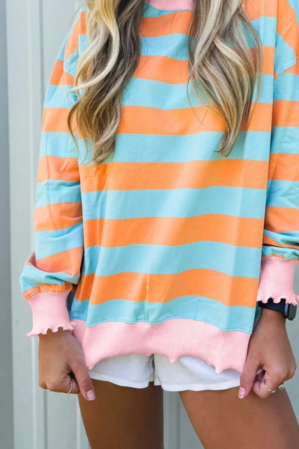 Striped Long Sleeve Top with Lettuce-Edge Cuffs in Tangerine, view 3