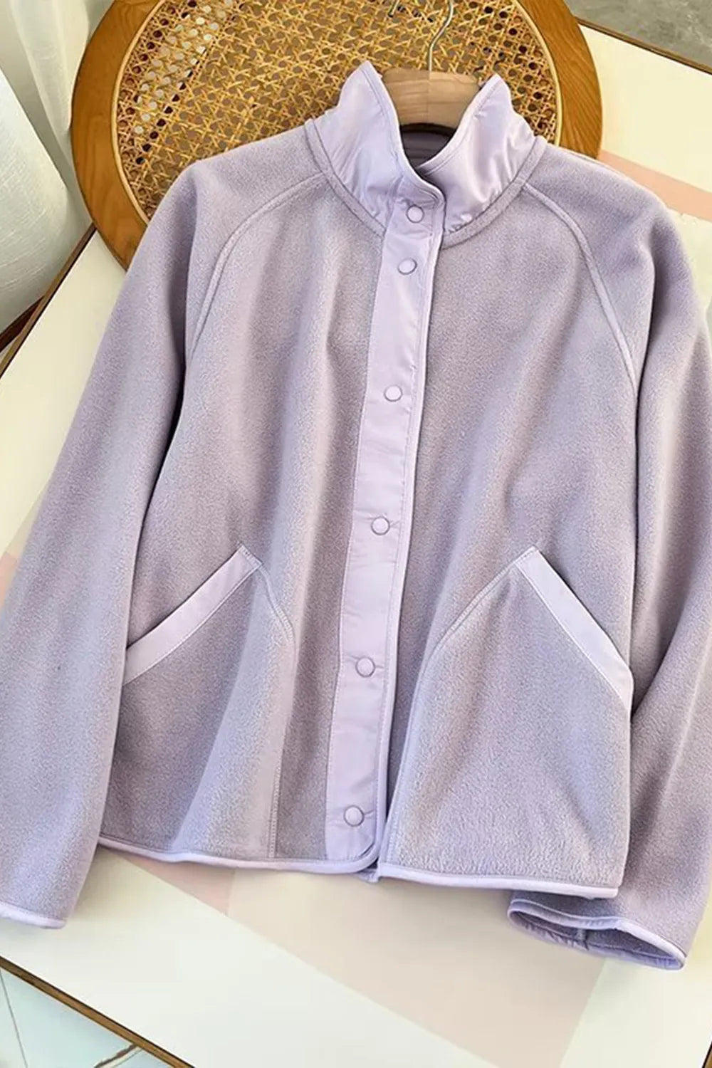 Snap Down Contrast Fleece Jacket with Pockets - Lilixa.store