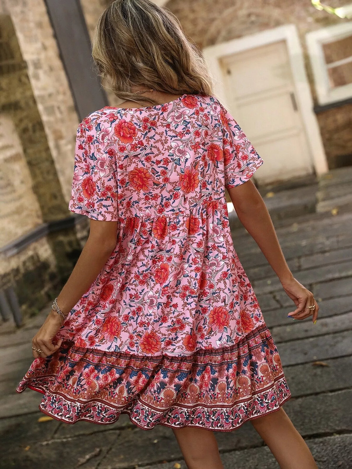 Floral Print Tie-Neck Ruffle Hem Mini Dress, view 5