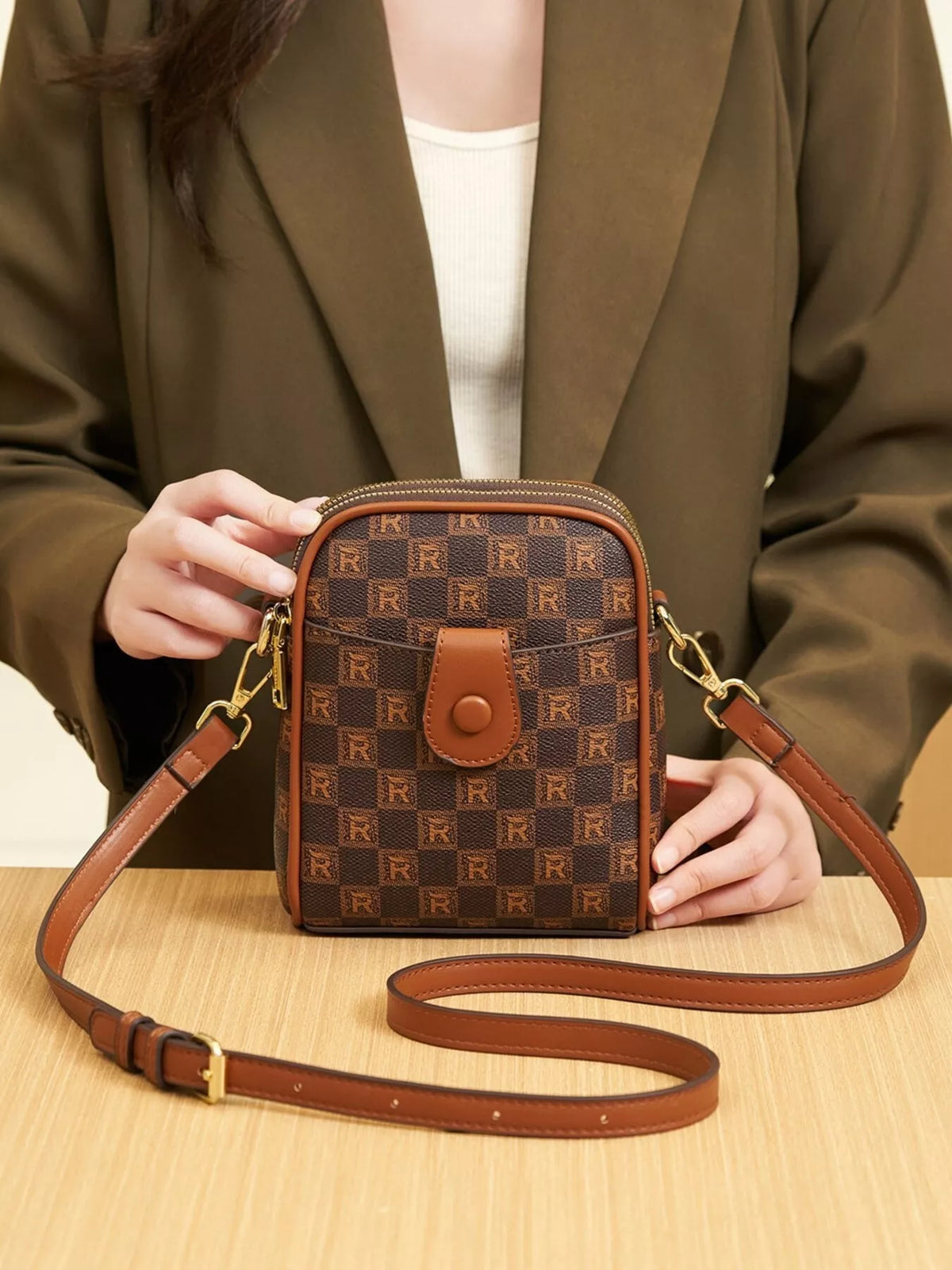 Printed PU Leather Crossbody Bag in Brown, view 4