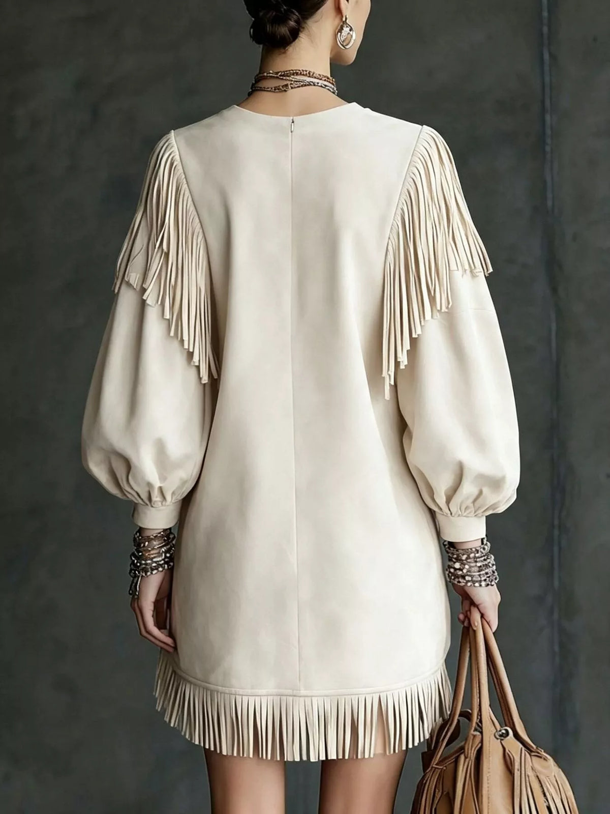 Fringe Detail Lantern Sleeve Mini Dress - Lilixa.store