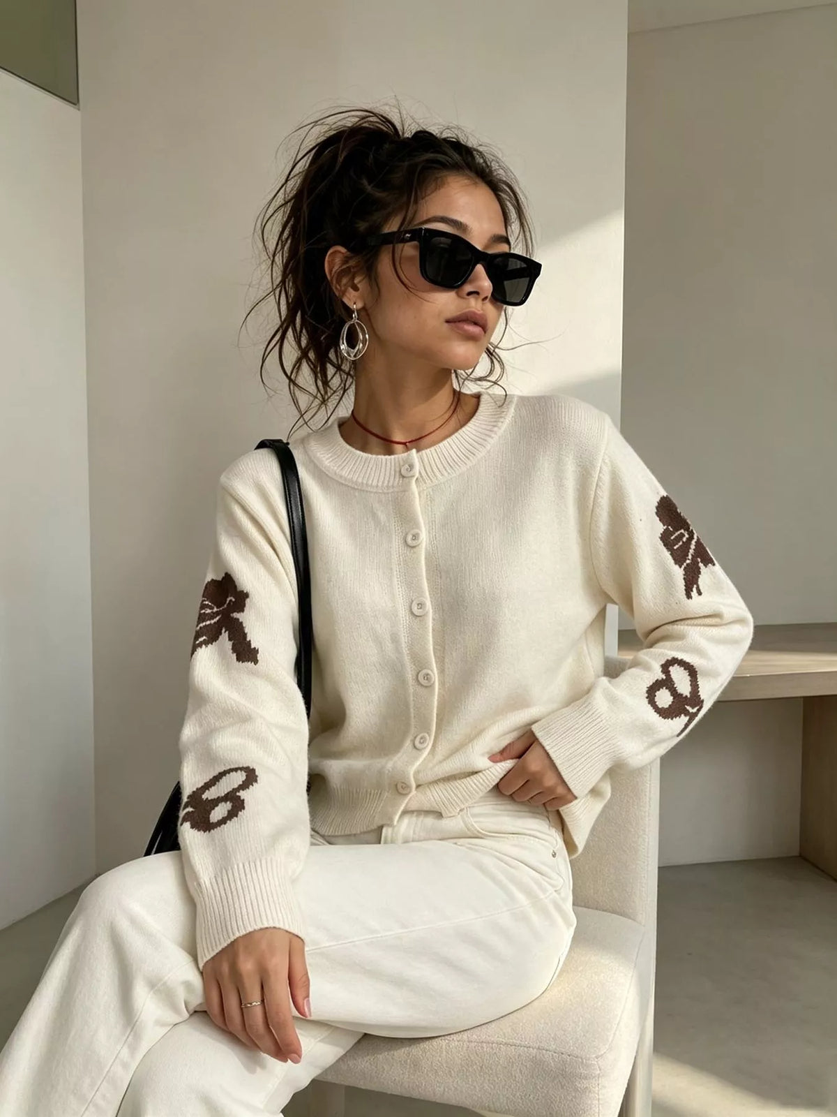 Floral Crew Neck Cropped Knit Cardigan, view 24