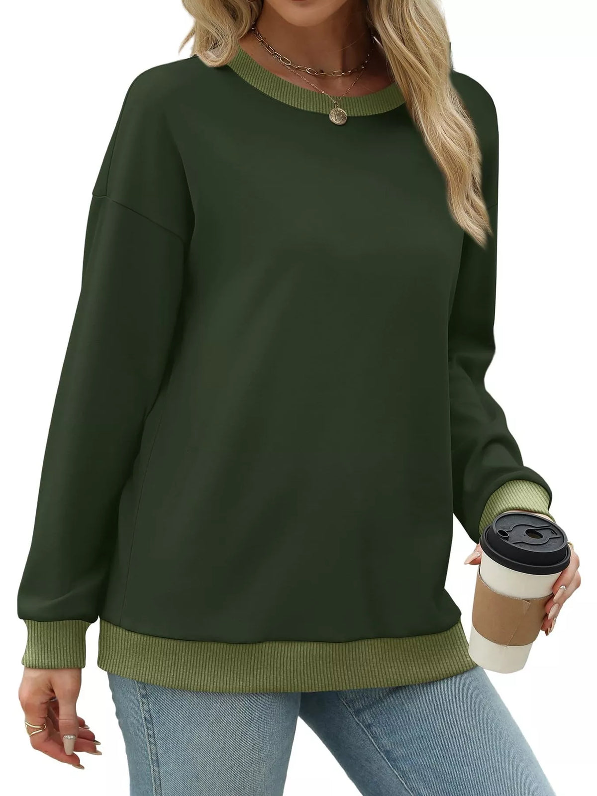 Contrast Trim Crew Neck Casual Sweatshirt - Lilixa.store
