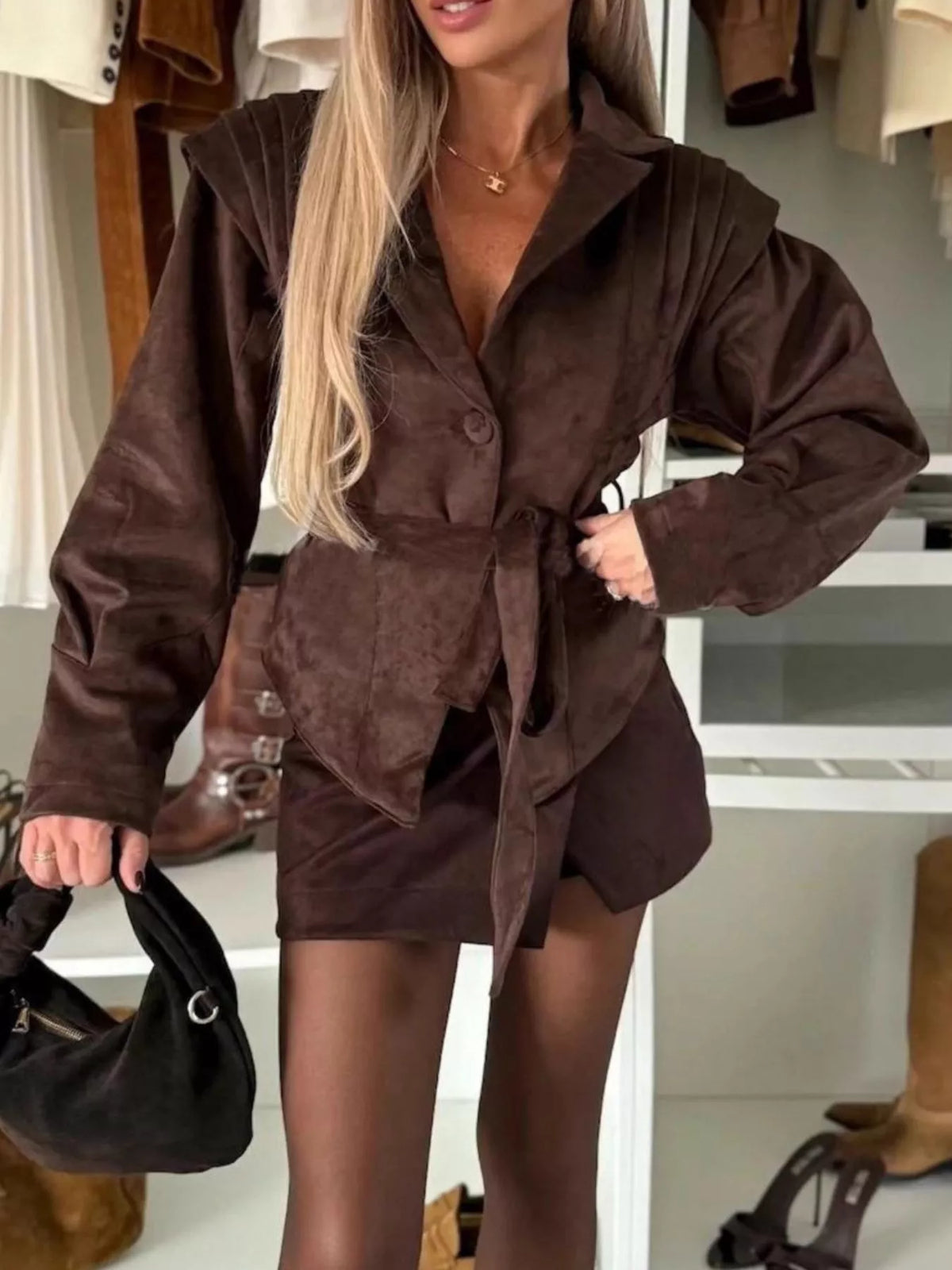 Lapel Collar Long Sleeve Jacket in Dark Brown, view 3