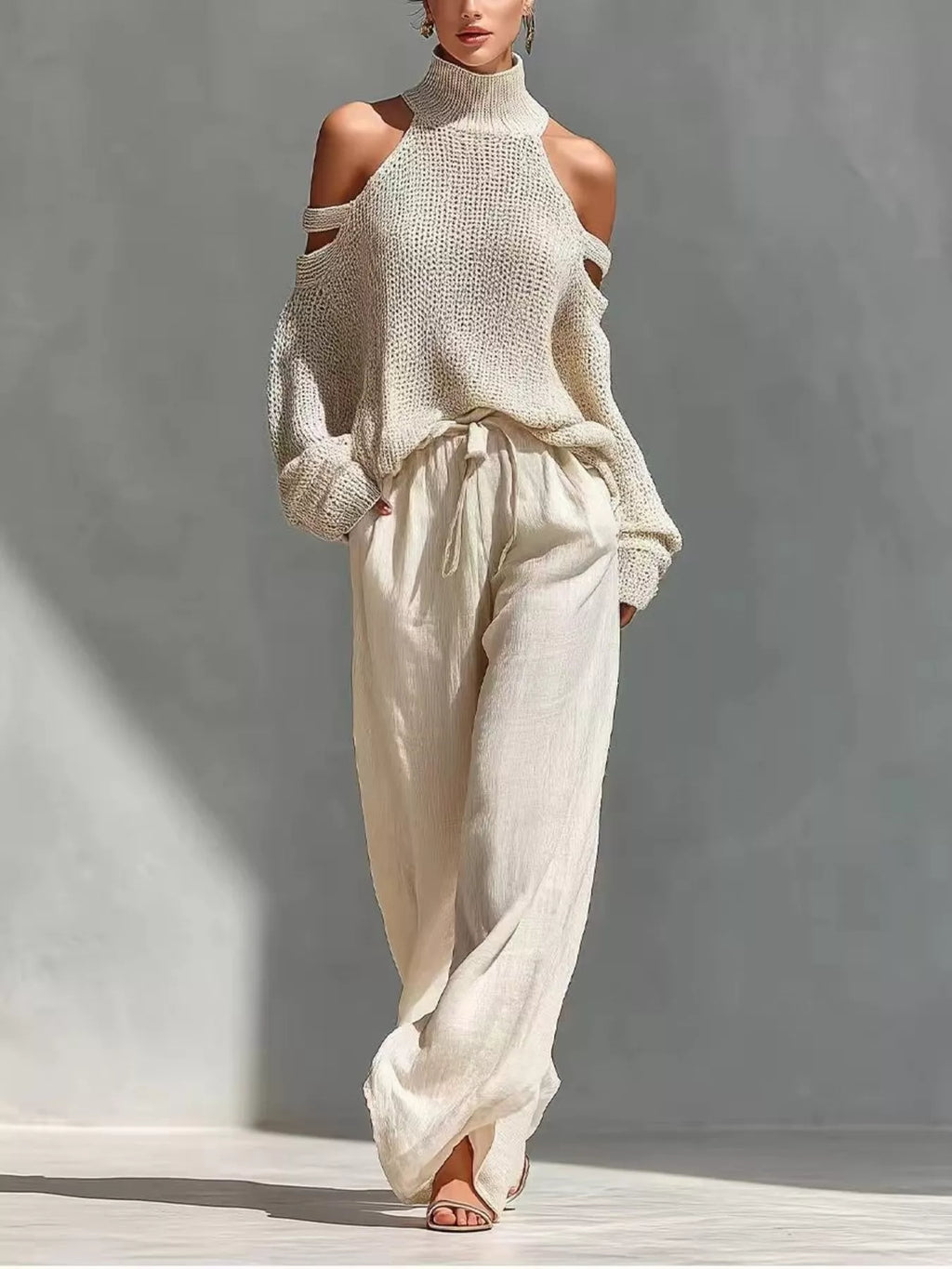 Cold Shoulder Turtleneck Top and Wide-Leg Pants Set - Lilixa.store