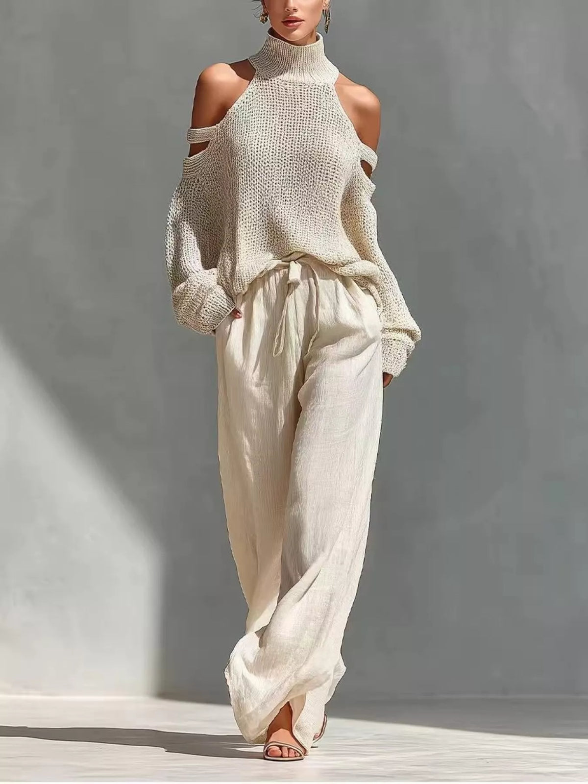 Cold Shoulder Turtleneck Top and Wide-Leg Pants Set - Lilixa.store