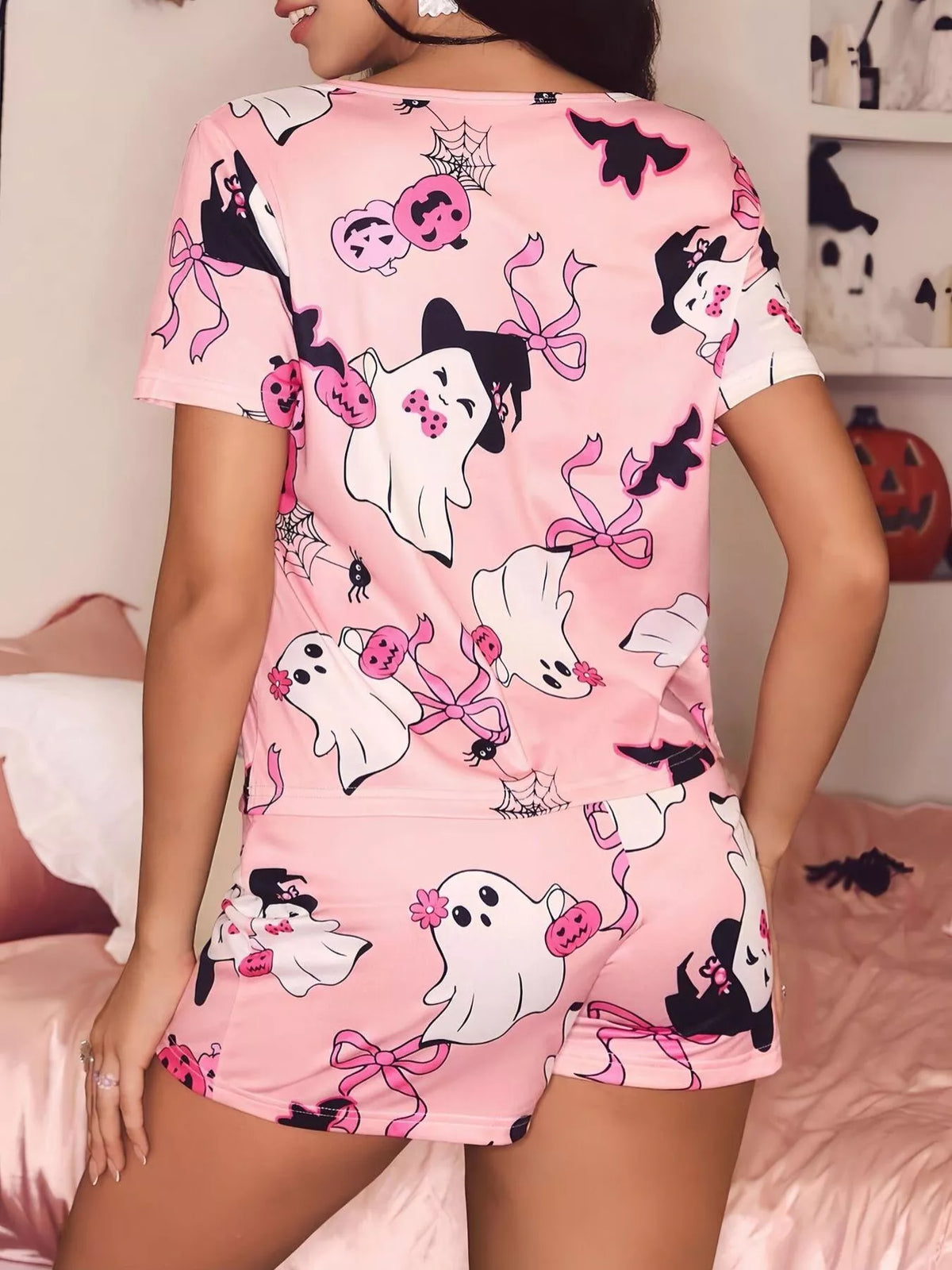 Halloween Print Short Sleeve Top and Shorts Lounge Set