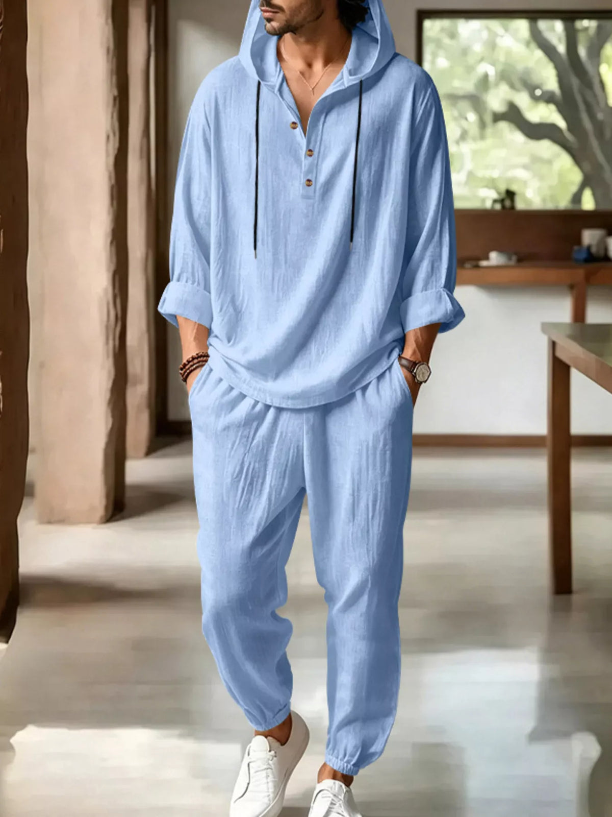 Men's Full Size Casual Button Detail Hooded Top and Pants Set Plus Size - Lilixa.store