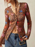 Printed Flare Sleeve Button Down Top - Lilixa.store