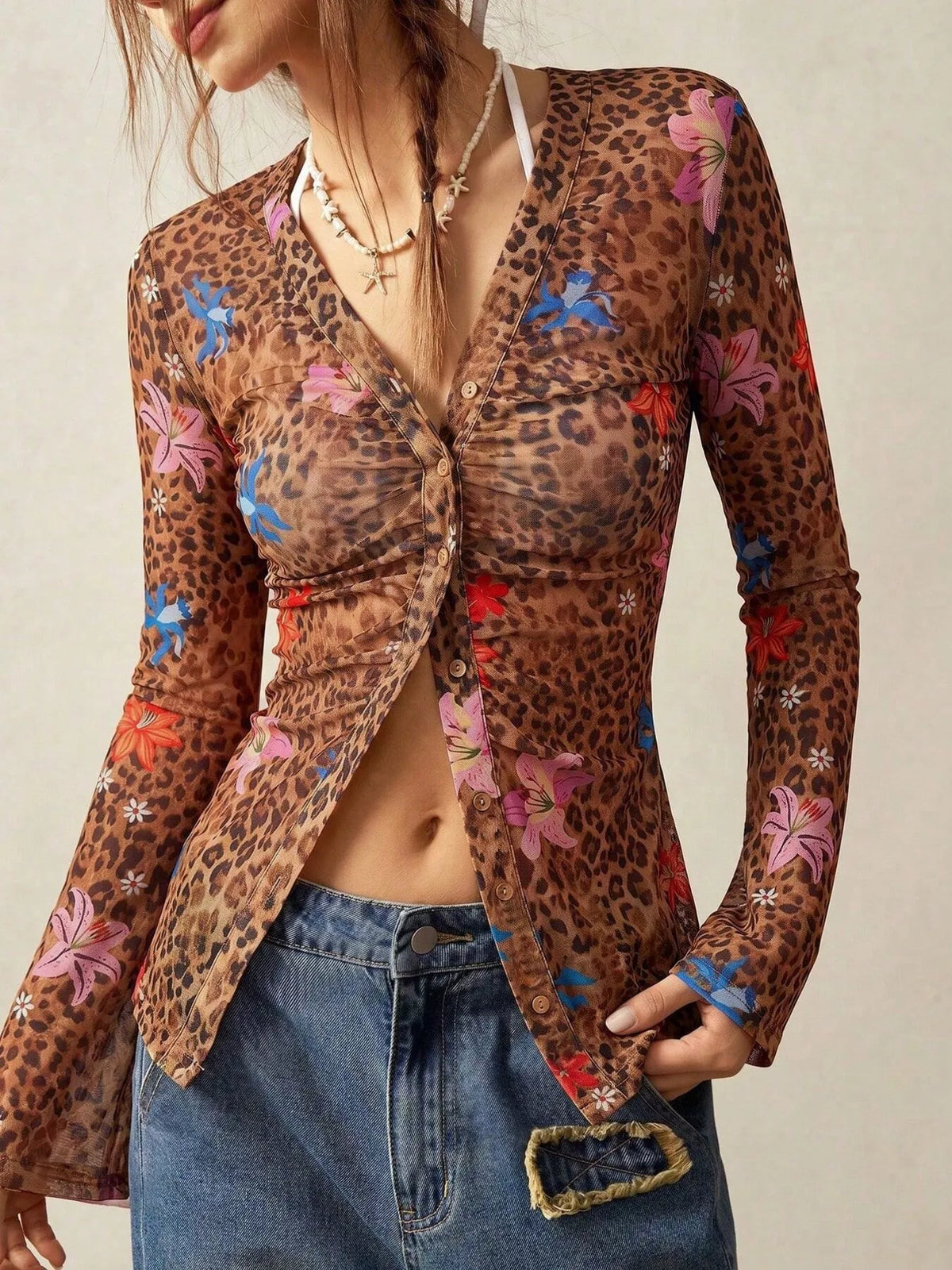 Printed Flare Sleeve Button Down Top