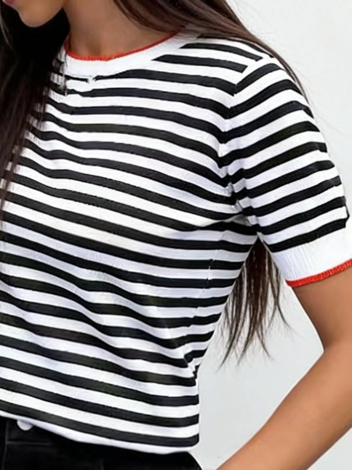 Contrast Trim Striped Short Sleeve Knit Top - Lilixa.store