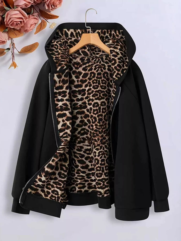 Hooded Leopard Lined Zip-Up Outerwear in Black