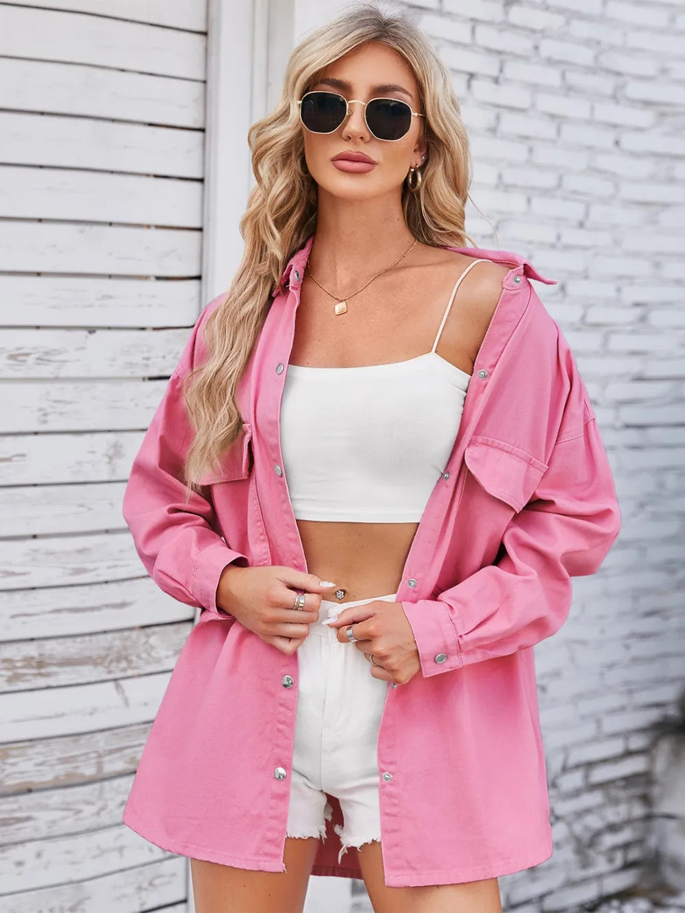 Pocketed Snap Down Dropped Shoulder Denim Shacket, view 8