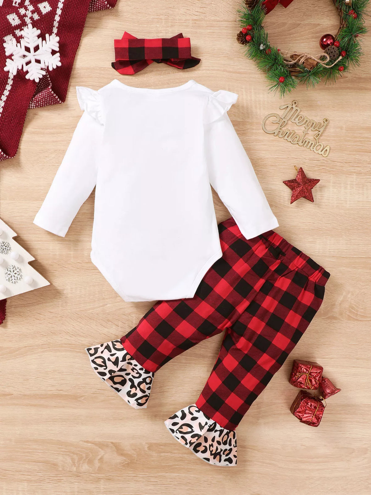 Children's Christmas Tree Graphic Top and Plaid Ruffle Pants Set with Headband in Red, view 10