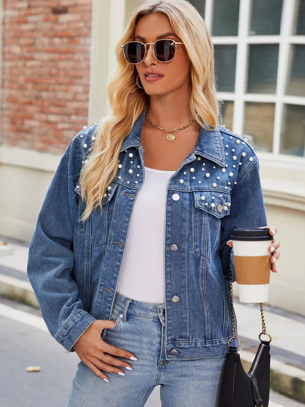 Pearl Detail Collared Neck Long Sleeve Denim Jacket in Black, view 5