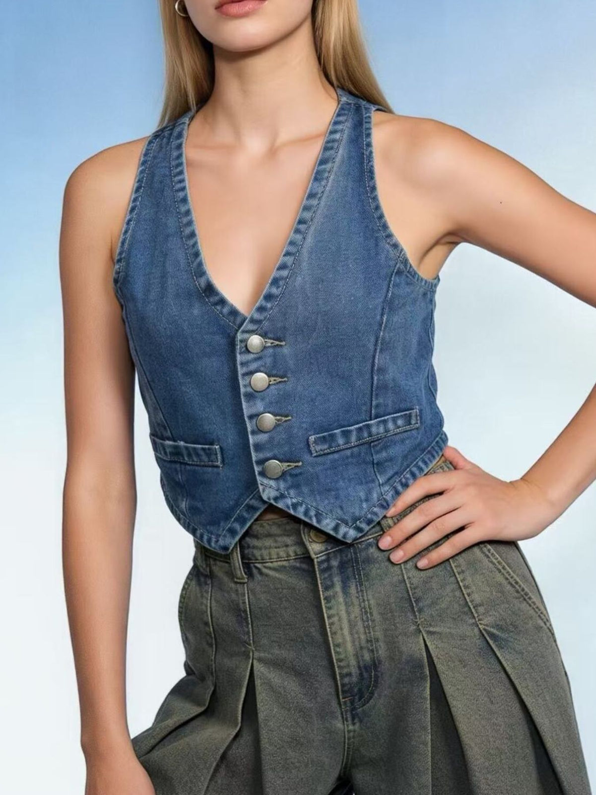 Button-Down Denim Vest - Lilixa.store