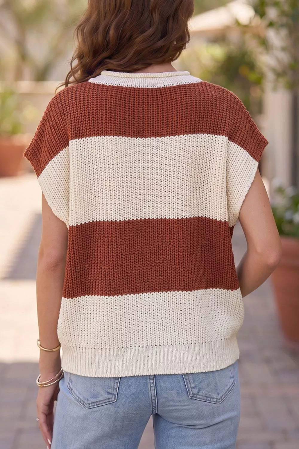 Striped Colorblock Knit Short Sleeve Loose Sweater