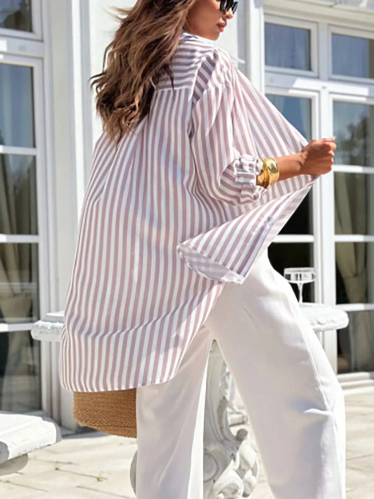 Printed Long Sleeve Tie Waist Oversized Shirt, view 12