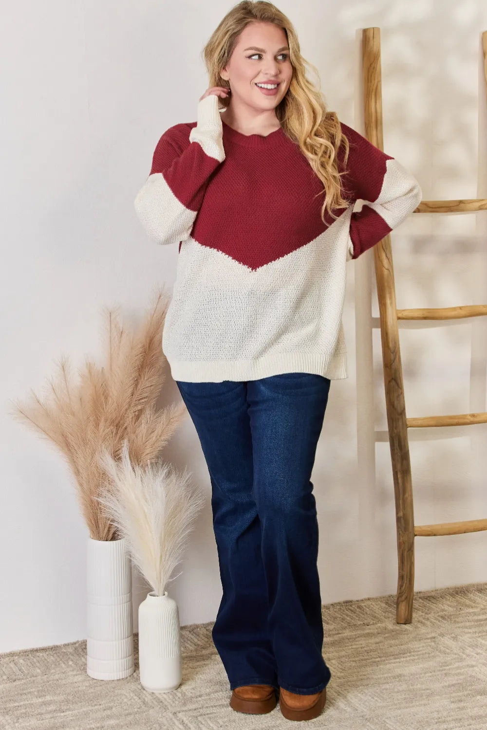 Hailey & Co Full Size Color Block Dropped Shoulder Knit Top - Lilixa.store