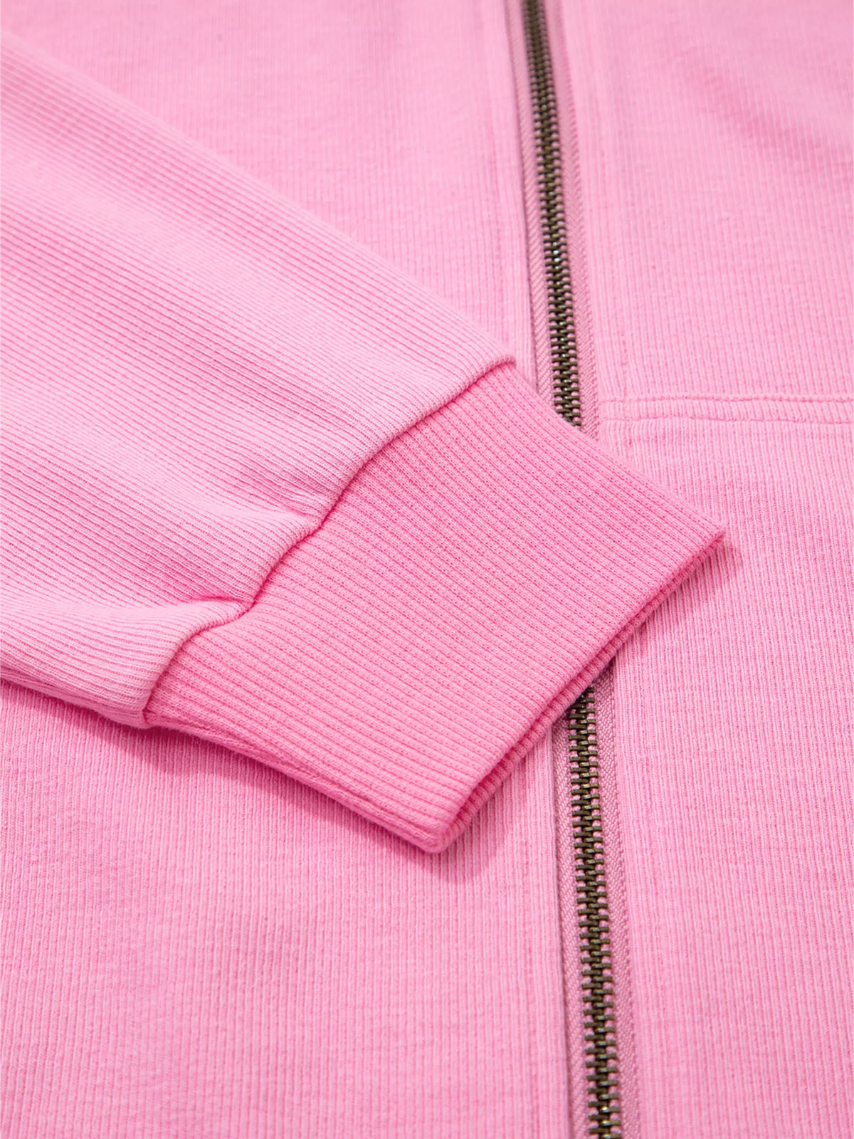 Solid Color Ribbed Zip Up Drawstring Hooded Jacket in Pink, view 8