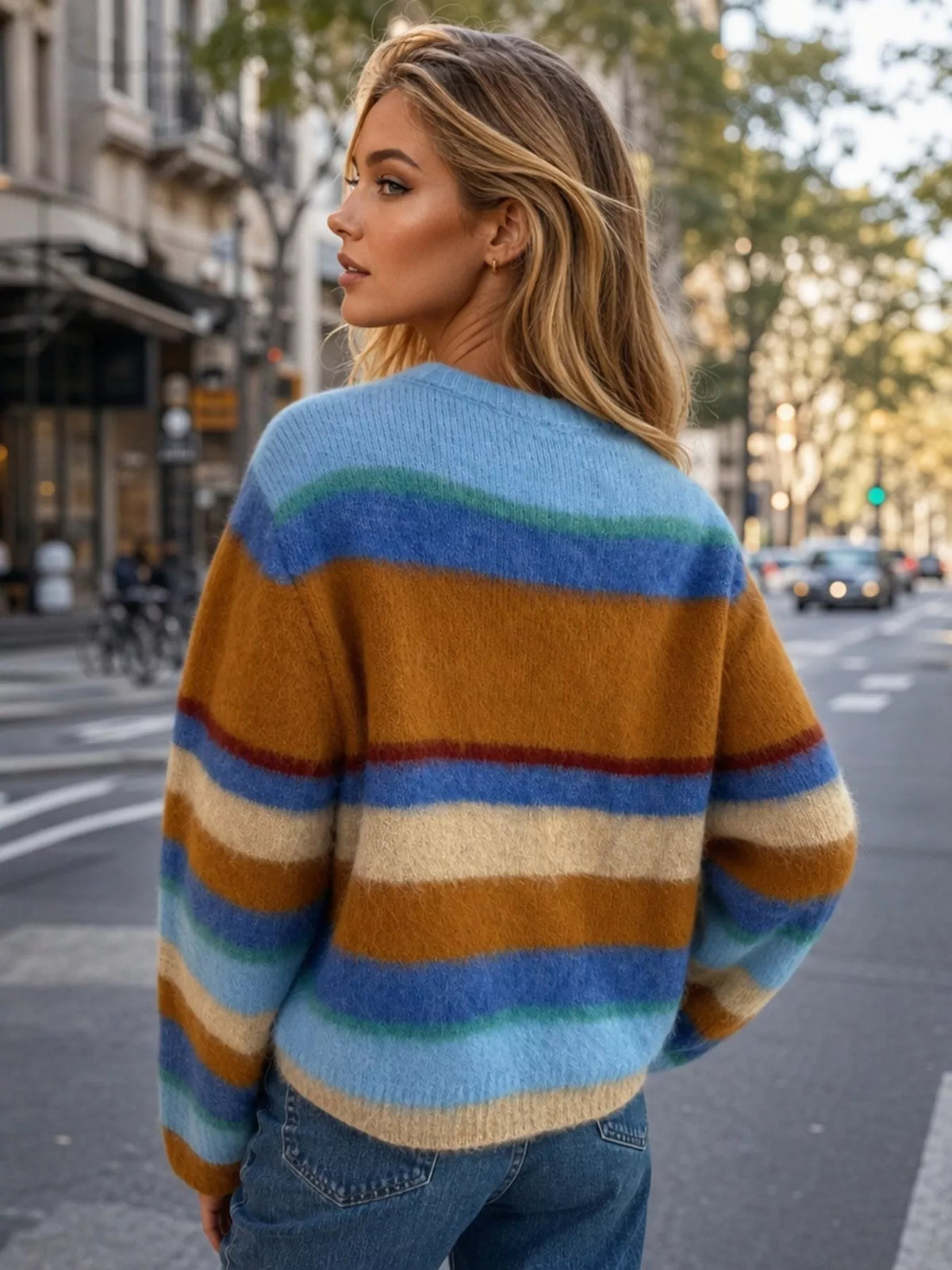 Fuzzy Striped Crew Neck Sweater in Blue, view 5