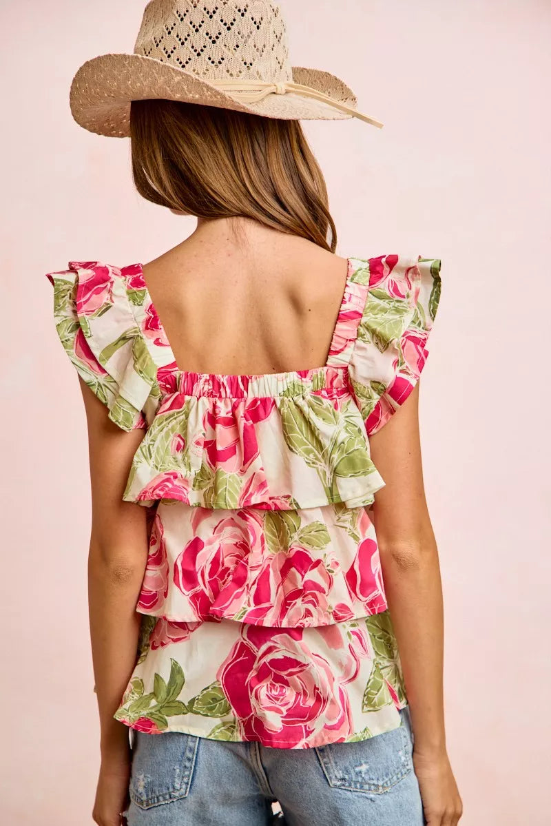 BiBi Floral Print Woven Bow Tie Ruffle Square Neck Top - Lilixa.store
