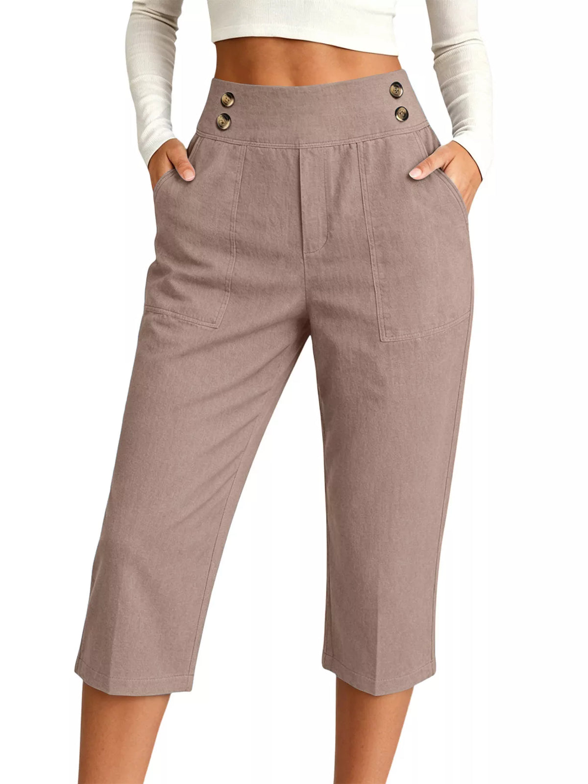 Full Size High-Waisted Button-Detail Cropped Pants Plus Size in Khaki