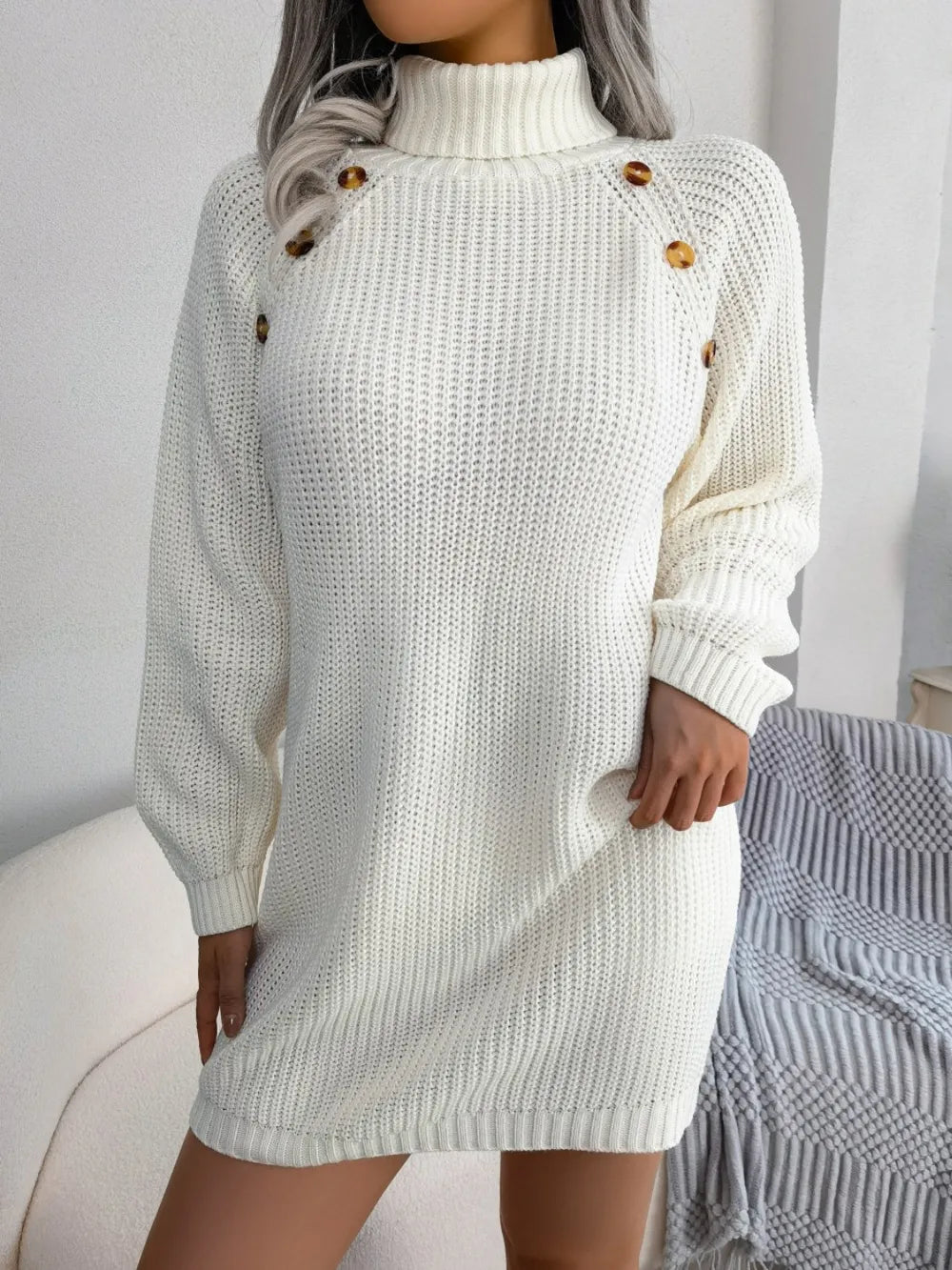 Decorative Button Turtleneck Sweater Dress in White