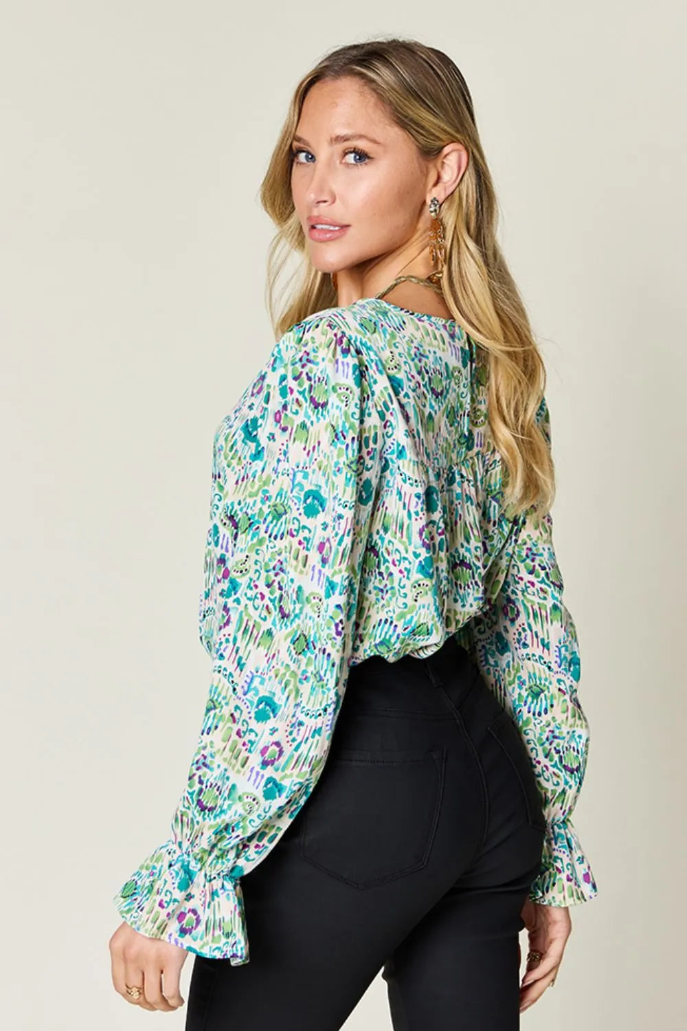 Double Take Full Size Printed Flounce Sleeve Blouse - Lilixa.store