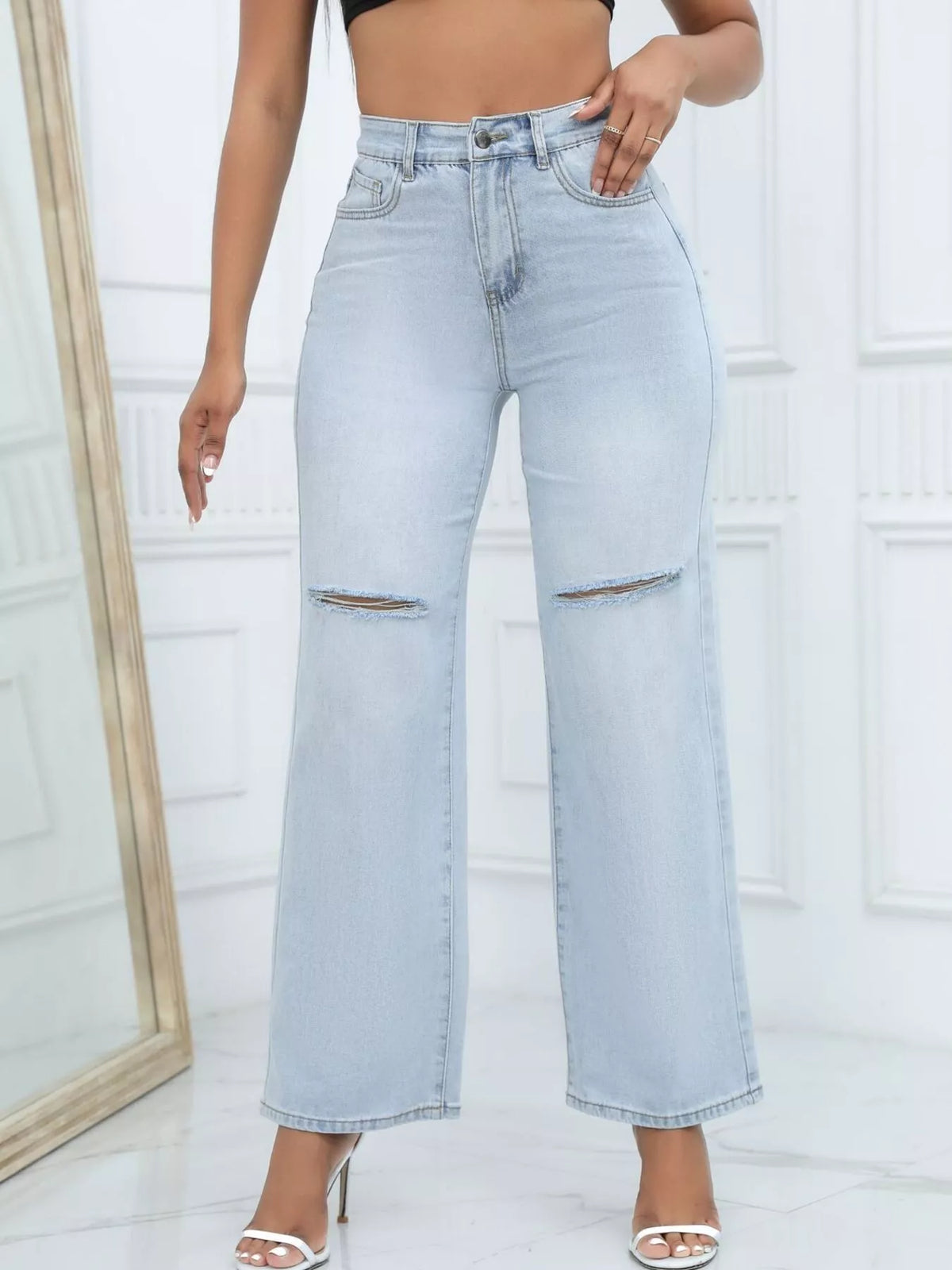 Distressed Wide-Leg Jeans