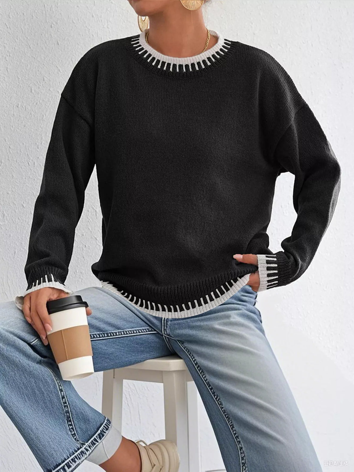 Contrast Trim Crew Neck Drop Shoulder Sweater - Lilixa.store