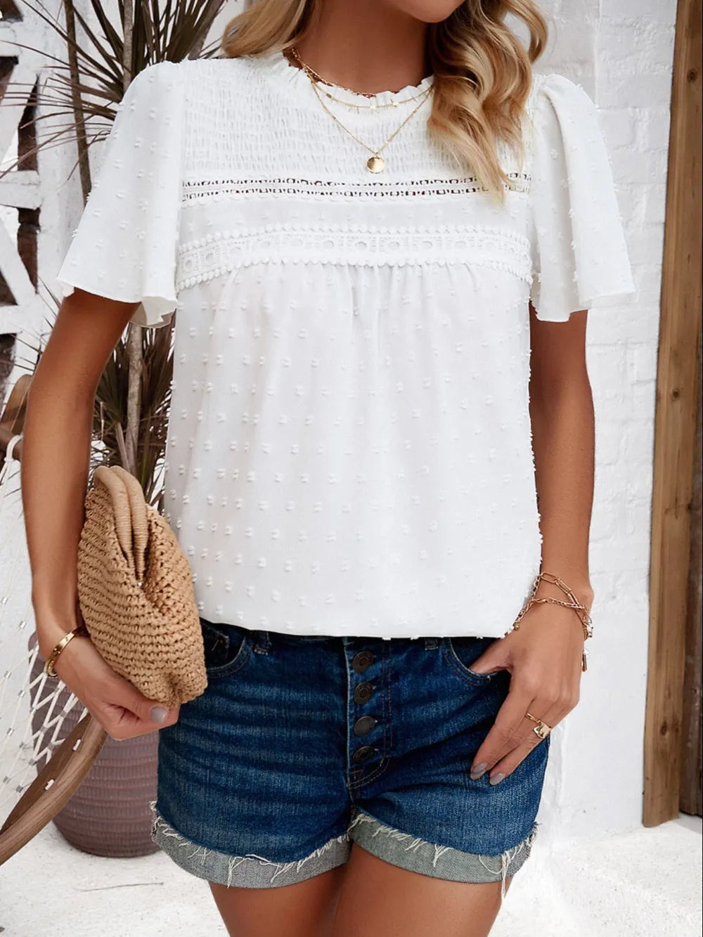 Devine Swiss Dot Smocked Round Neck Short Sleeve Blouse - Lilixa.store