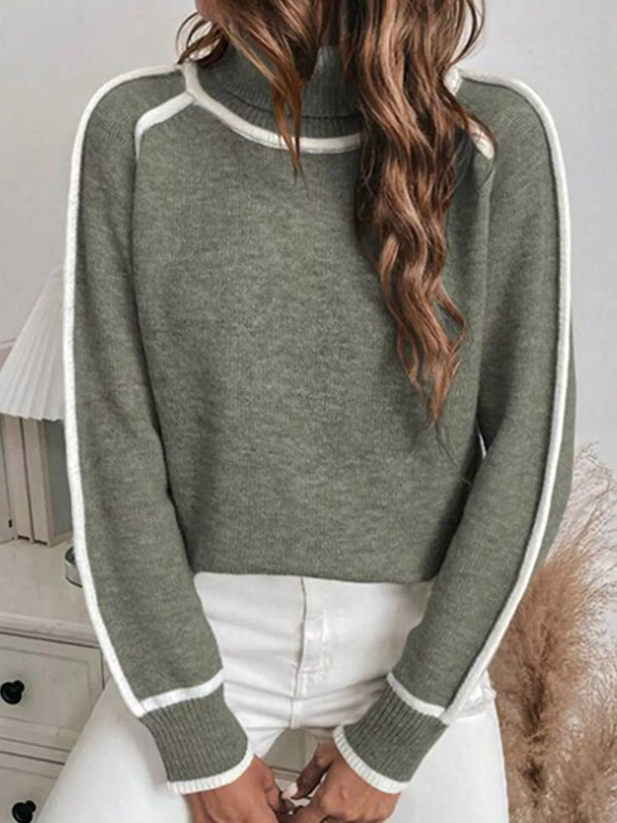 Full Size Contrast Trim Ribbed Hem Turtleneck Sweater Plus Size