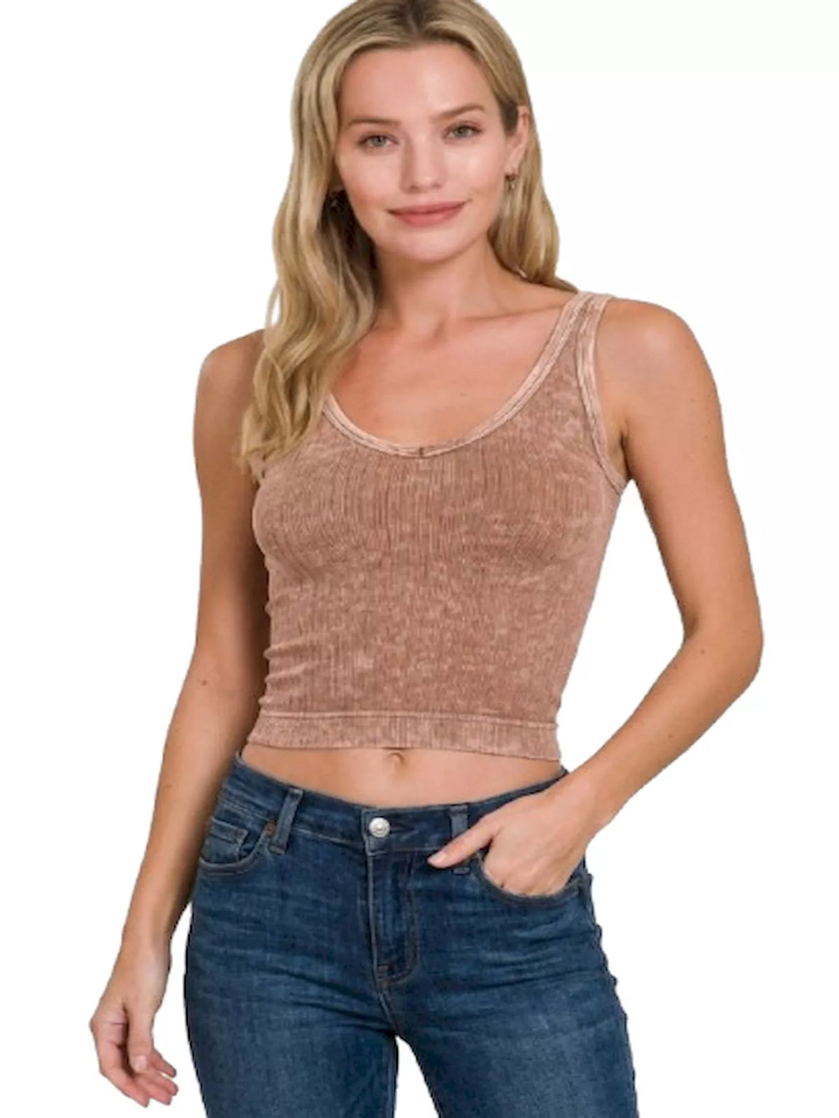 Zenana Washed Ribbed Seamless Cropped V-neck Tank Top - Lilixa.store