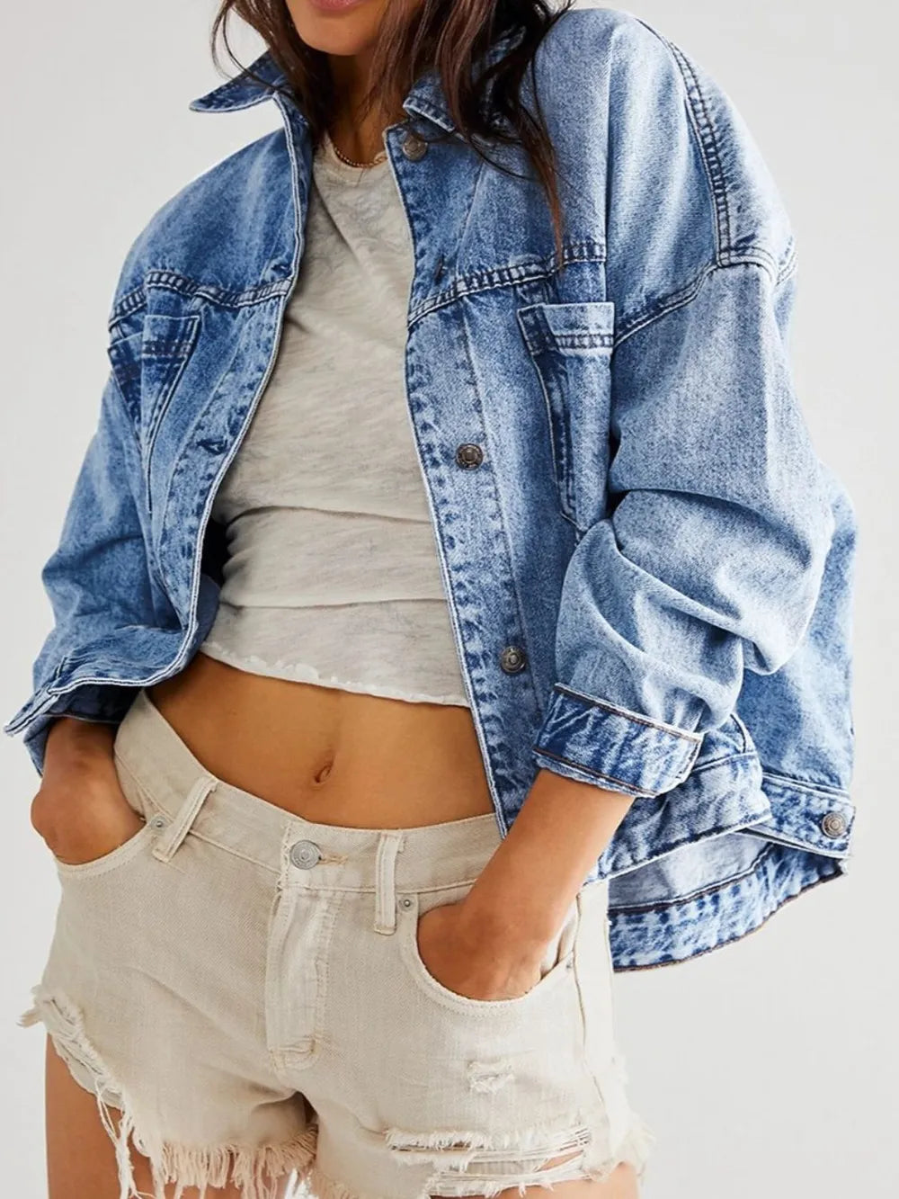 Pocketed Button Up Denim Jacket in Light Blue, view 10