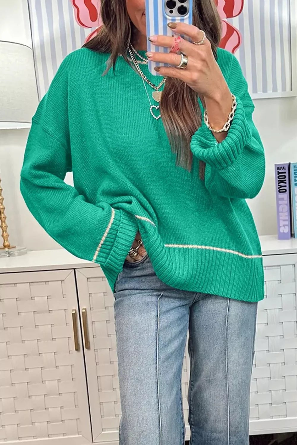 Contrast Detail Drop Shoulder Baggy Sweater
