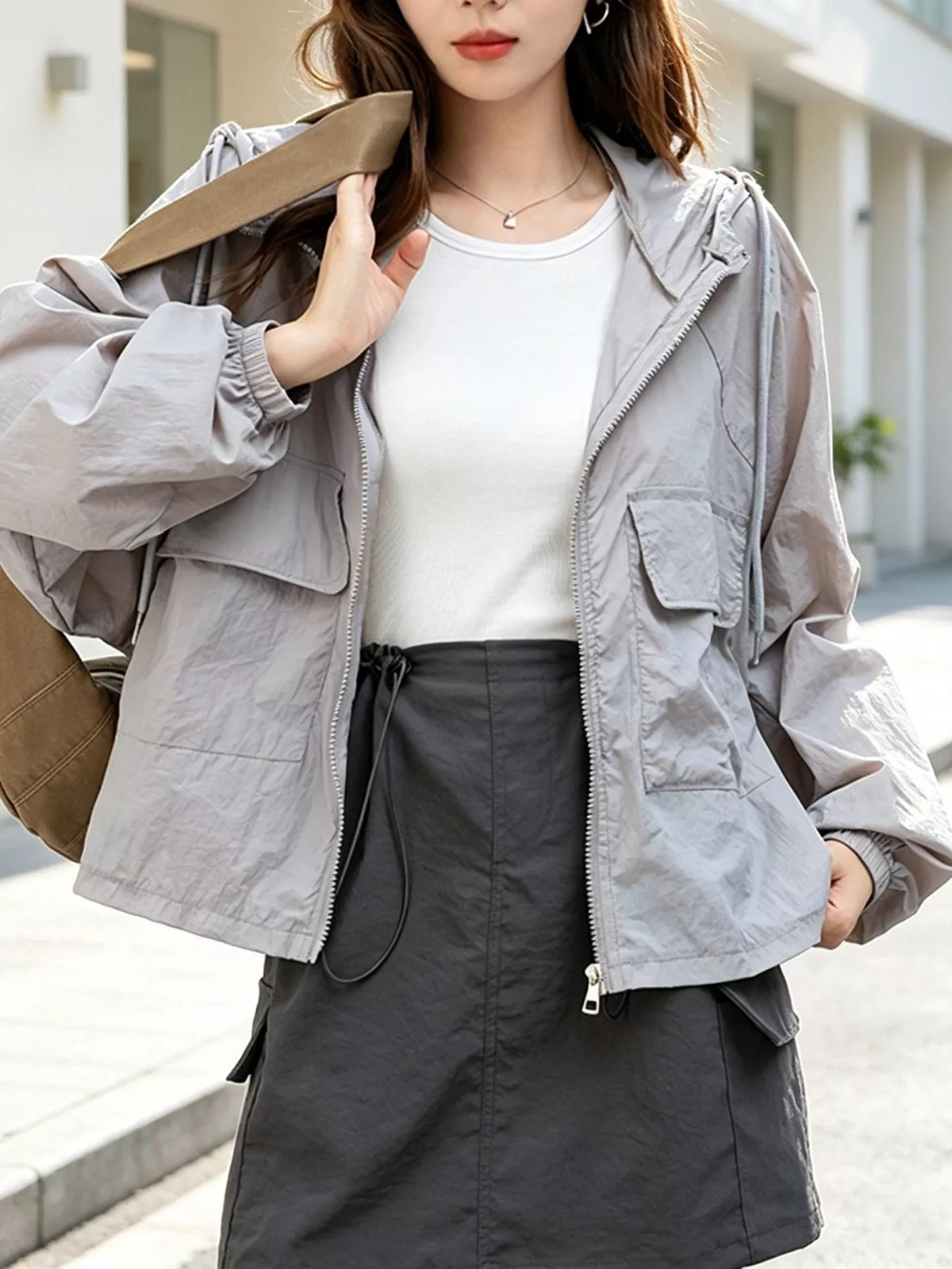 Lightweight Hooded Zip Up Jacket in Gray