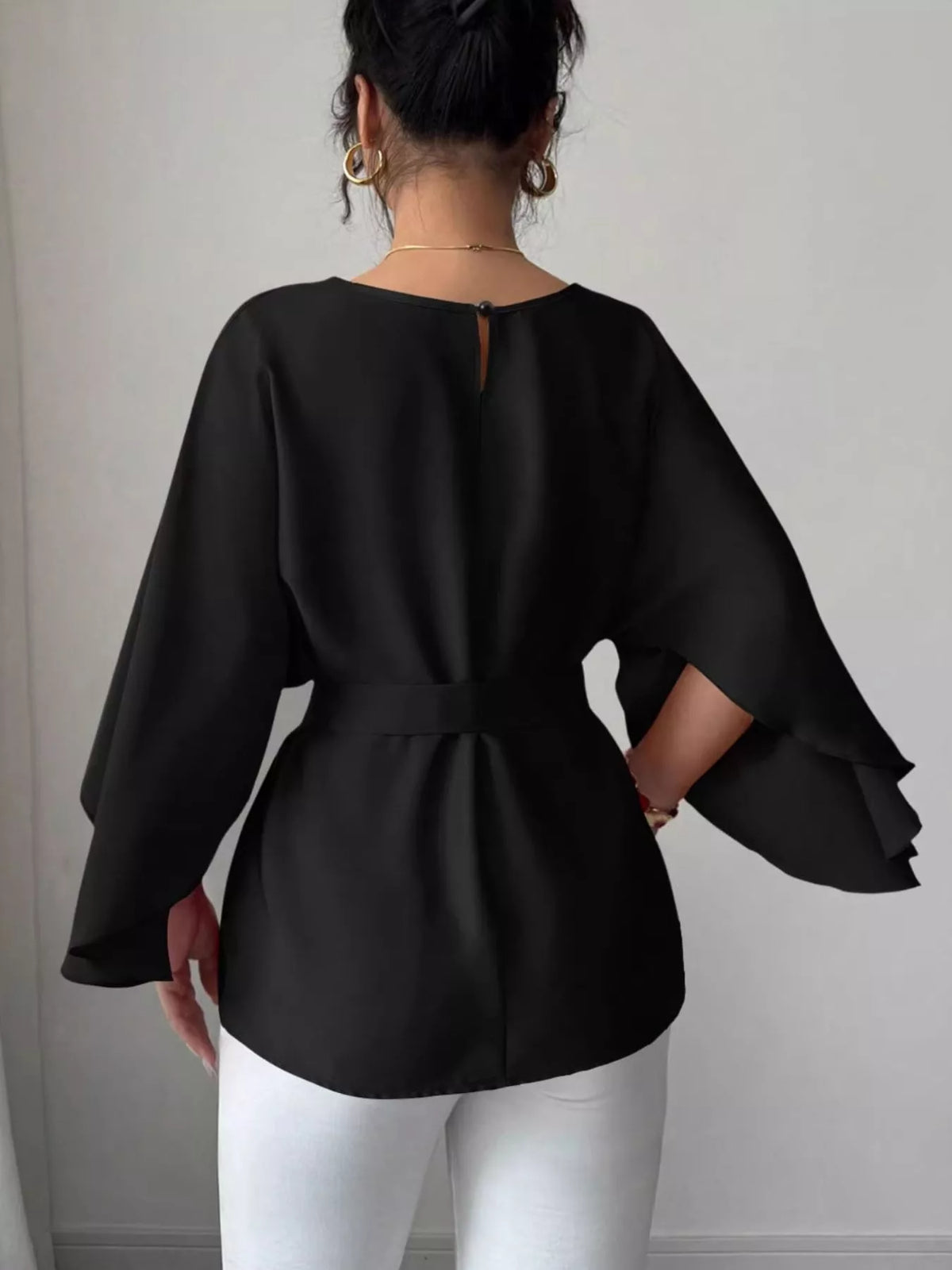 Round Neck Belt Batwing Sleeve Blouse - Lilixa.store