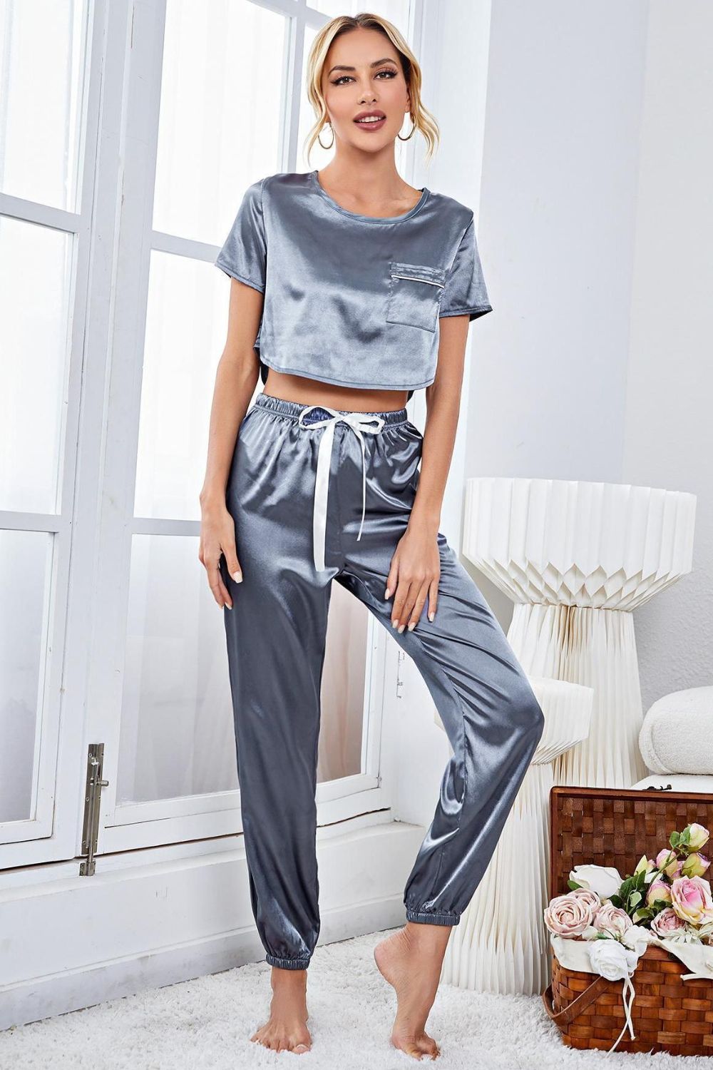 Satin Short Sleeve Crop Top and Joggers Lounge Set - Lilixa.store