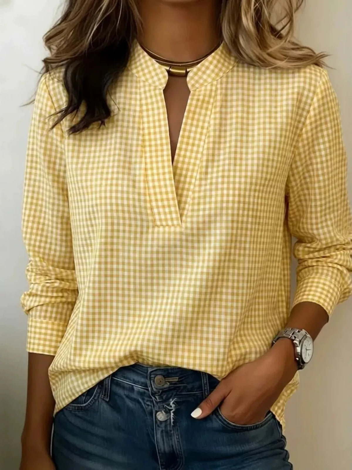 Full Size Plaid Notched Long Sleeve Blouse Plus Size - Lilixa.store