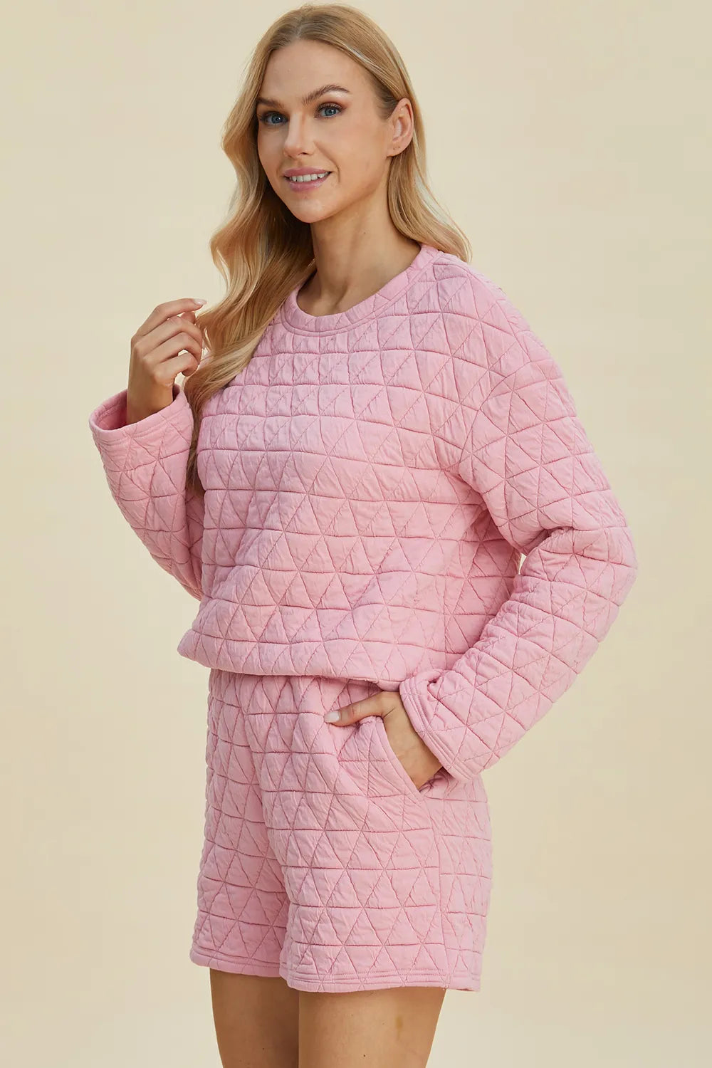 Double Take Full Size Texture Round Neck Long Sleeve Top and Shorts Set - Lilixa.store