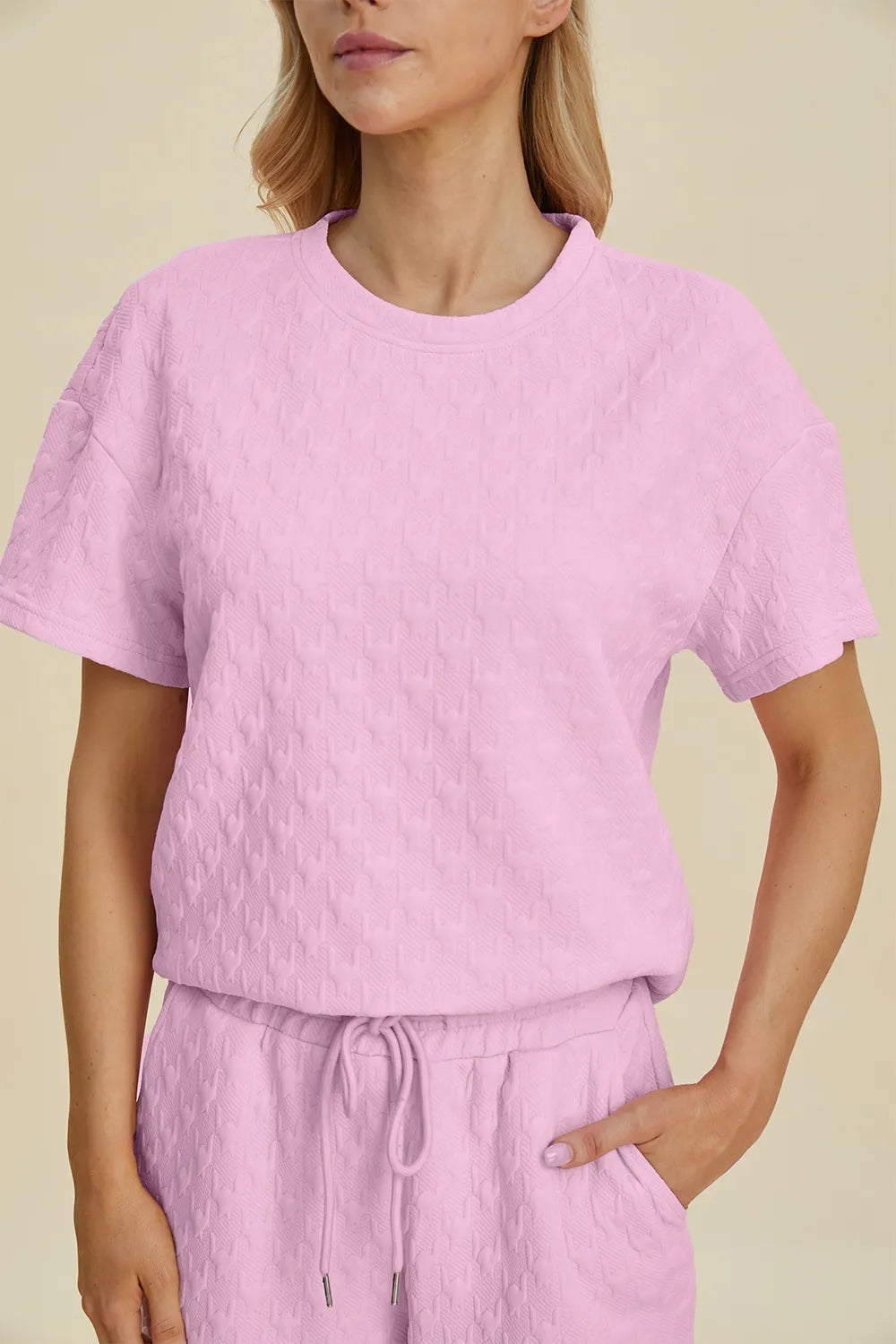 Double Take Full Size Texture Round Neck Short Sleeve Top and Pants Set, view 8